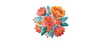 Vibrant coral and orange blooms with teal foliage arranged in an isolated floral cluster on white background, ready for design projects.