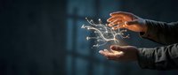 Businessman hands protecting glowing network connections representing digital transformation, cybersecurity and modern technology solutions for corporate growth.