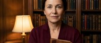 Middle-aged Caucasian woman in burgundy blazer holding book in elegant library with warm lighting and wooden bookshelves for professional content.