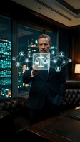Professional mature Caucasian businessman in dark suit touching holographic justice scales interface with connected network icons in modern office at night.