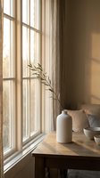 Minimalist home interior with ceramic vase and dried branch on wooden table by window with warm natural light and neutral beige curtains for decor.