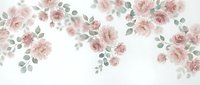 Soft pink roses with eucalyptus leaves scattered on white background. Romantic floral arrangement for wedding invitations, greeting cards and feminine designs.