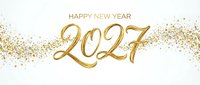 Golden Happy New Year 2027 text with sparkling glitter confetti on white background, suitable for holiday greeting cards and festive celebrations.