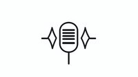 Minimalist line art microphone icon with geometric diamond accents on sides, isolated on white background for podcast, music, and broadcasting designs.