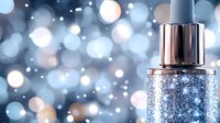 Luxurious blue glitter serum bottle on bokeh background with sparkles and light effects, cosmetic product photography for beauty and skincare advertising.