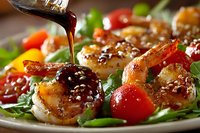 Grilled shrimp salad with colorful bell peppers and cherry tomatoes on fresh greens, drizzled with sweet balsamic glaze for gourmet dining.