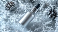 Silver cosmetic dropper bottle on winter background with snowflakes and pine cones. Luxury skincare product mockup for seasonal promotion and advertising.