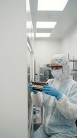 Laboratory technician in protective suit examining samples in sterile cleanroom environment for pharmaceutical research and quality control testing.