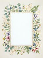Botanical frame with eucalyptus, wildflowers, and fern leaves surrounding white center space, isolated on beige background for design use.