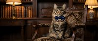 Tabby cat with green eyes wearing blue bow tie sitting in ornate wooden armchair in classic library with bookshelves and lamps. Interior design, pet portraits.