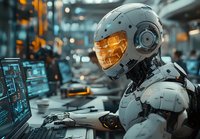Futuristic robotic operator with glowing orange visor monitoring digital screens in high-tech control room environment with holographic displays and ambient lighting.