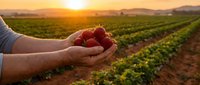 Farmer hands holding fresh ripe strawberries at sunset in agricultural field with rows of crops. Organic farming and harvest concept for food industry.