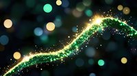 Magical glowing green wave with sparkles and bokeh lights on dark background, flowing energy stream with glitter particles and luminous effects.