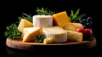 Gourmet cheese board with variety of artisanal cheeses, fresh herbs, grapes and tomatoes on wooden cutting board against dark background. Food photography.