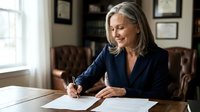 Mature woman with gray hair and light skin tone, wearing dark blazer, signing documents at wooden desk in professional office setting with leather furniture and framed certificates on wall.
