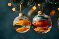 Glass Christmas ornaments with painted colorful fish inside hanging on tree branch, festive bokeh lights creating magical holiday atmosphere.