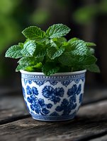 Fresh mint leaves growing in traditional blue and white ceramic pot on rustic wooden surface, moody natural lighting creates depth and atmosphere.