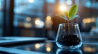 Young green plant growing in wine glass with soil against blurred bokeh background, symbolizing growth, sustainability and eco-friendly lifestyle concept.