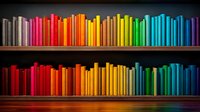 Colorful books arranged in rainbow spectrum order on dark wooden shelves creating vibrant gradient display. Books spines form continuous color transition from red to purple.