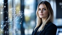 Young Caucasian businesswoman with blonde hair in dark blazer looking confident against digital network visualization background with glowing nodes and connections.