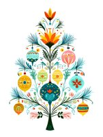 Festive folk art Christmas tree with colorful ornaments and orange flowers on white background, stylized in Scandinavian tradition.