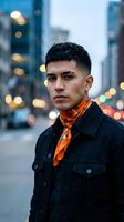 Young Hispanic man in denim jacket with orange bandana standing confidently on urban city street with blurred bokeh lights in background during evening.