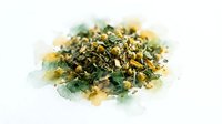 Dried herbal tea blend with chamomile, mint, and botanical ingredients isolated on white background for beverage packaging and wellness design projects.