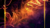Glowing orange and golden leaves with magical light effects float against dark purple background with sparkling particles and smoke effects. Mystical nature concept.