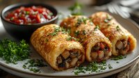 Crispy golden pastry rolls filled with mushrooms and vegetables, served on gray plate with fresh salsa and herbs, appetizing close up food photography.