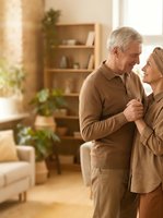 Senior couple dancing together in warm-lit living room with wooden shelving and potted plants, expressing joy and affection in their home environment.
