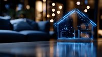 Glowing blue holographic house model on reflective surface with bokeh lights background, showcasing modern smart home technology and interior design concept.
