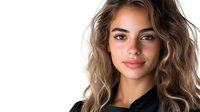 Young Hispanic woman with wavy brown hair and natural makeup smiling confidently against white background, wearing black top. Professional headshot portrait.
