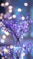 Purple wildflowers in glass mason jar against blurred bokeh lights background creating magical atmosphere, soft focus romantic floral composition.