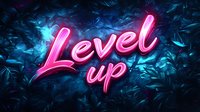 Glowing pink neon text Level Up against dark blue tropical leaves background creates modern gaming aesthetic for social media and motivational content.