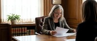 Middle-aged woman with gray hair and glasses wearing brown blazer sitting at wooden desk reviewing documents with client in professional office setting.