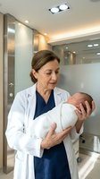 Middle-aged Caucasian female doctor in white coat gently holds a swaddled newborn in a modern hospital corridor, neonatal care.