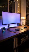 Cozy home office setup at night with ultrawide monitor, RGB lighting, smart speaker, keyboard, and warm lamp on a wooden desk.