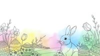 Easter bunny with decorated eggs and spring flowers on pastel rainbow background. Seasonal holiday celebration design for greeting cards and decorations.