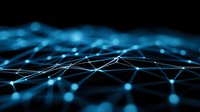 Glowing blue network connections on dark background with interconnected nodes and lines forming digital mesh pattern. Technology concept for data visualization.