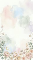 Watercolor floral border with soft pastel clouds, botanical elements, sleeping bunny, butterflies, moons and stars on white background. Isolated design for nursery decor, invitations and stationery.