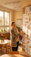 Middle-aged Caucasian female teacher displaying children artwork on classroom bulletin board in warm sunlit elementary school environment.