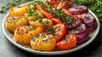 Colorful grilled tomatoes and red onions seasoned with herbs and spices on white plate, close up view of roasted vegetables garnished with fresh thyme.