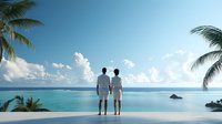 Young couple in white clothing standing on cliff edge overlooking turquoise ocean waters with palm trees and fluffy clouds in tropical paradise setting.