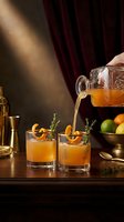 Bartender pouring orange cocktail from crystal decanter into glasses with herbs and citrus garnish on wooden bar counter in elegant lounge setting.