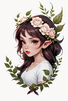 Fantasy portrait of young female elf with pointed ears wearing rose flower crown and white dress, framed by green leaves and pink roses on light background.