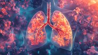 Glowing human lungs with bronchial tree surrounded by luminous coral and pink particles against blue background, medical science visualization.