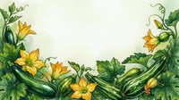 Zucchini plants with yellow flowers and green vegetables arranged as decorative border frame on cream background, suitable for culinary designs and garden-themed projects.