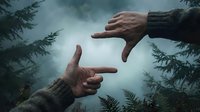 Hands forming frame gesture against misty forest background with evergreen trees. Creative photography concept for vision, focus, and perspective in nature.