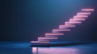 Glowing pink neon steps floating in dark space with reflective floor surface create futuristic minimalist composition for business success and growth concepts.