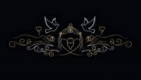 Elegant golden wedding ornament with doves, hearts and decorative swirls on black background for romantic invitations and ceremony designs.